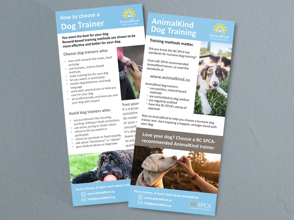 AnimalKind dog training rack cards with information on humane dog training