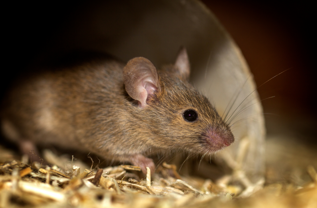 house mouse walking on wood debris 